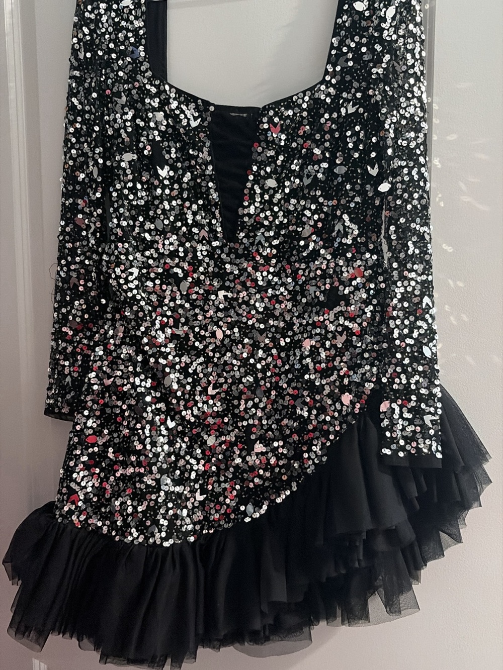 Black Sequin Party Dress with Ruffled Tulle Hem